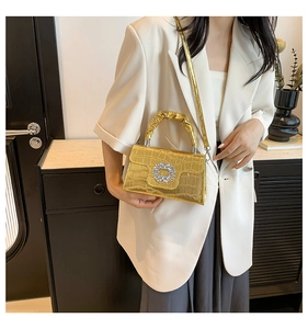 Détail du sac à main doré en cuir crocodile avec boucle en cristal et poignée plissée