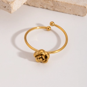 Elegant gold rose flower open bangle bracelet made of polished stainless steel for women