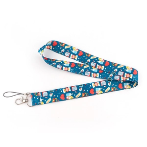 Close-up of a durable navy blue medical lanyard with doctor-themed prints and metal clasp