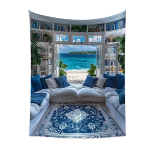 Detail of bohemian tapestry featuring a coastal sea view with a modern arched bookshelf