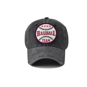 Distressed dark grey washed cotton baseball cap featuring vintage embroidery and worn brim