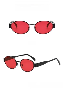 Detailed front and side views of vintage metal oval sunglasses with black frames and red lenses
