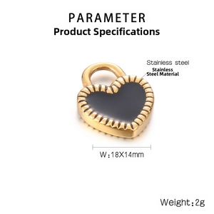 Detailed view of 18x14mm heart pendant in gold stainless steel and black enamel