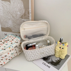 Close-up of quilted cotton makeup bags with cute floral patterns and inner mesh pockets