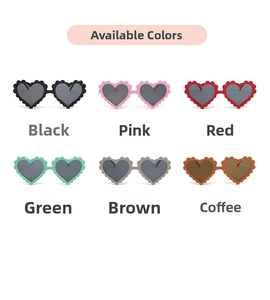 Grid view showing six colorful heart-shaped sunglasses for kids in matte finish colors