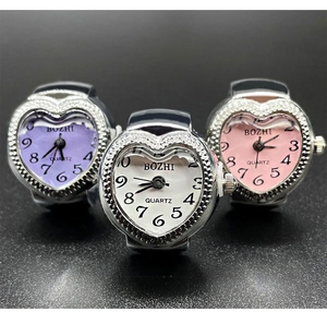 Detailed view of heart-shaped quartz ring watches in lavender, white, and pink metal cases