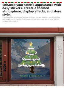 Vetrina con adesivo festivo a forma di albero di Natale e testo Merry Christmas