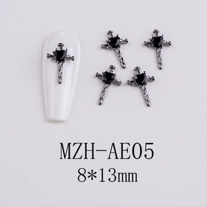 Detailed gunmetal cross nail charm with heart-shaped black gemstone and 8x13mm dimensions