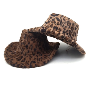 Leopard print plush cowboy hat with wide brim in brown and camel tones for winter