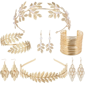 Baroque Greek Goddess Leaf Shape Bridal Accessories Gold Metallic Headband Earrings Armband Bracelet Artificial Pearl Decor