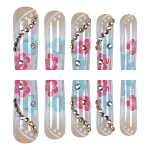 Long nude gradient press-on nails with floral patterns and sparkling rhinestones