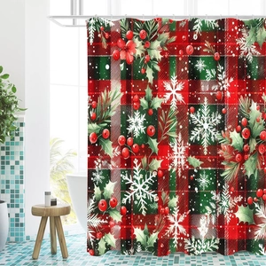 Christmas shower curtain with red and green tartan plaid pattern and holly berry print