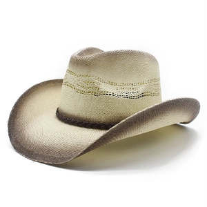 Classic straw cowboy hat with brown gradient brim and decorative leather band