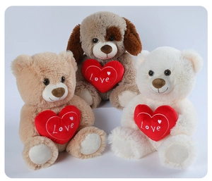 Three plush teddy bears and puppies holding red hearts with Love embroidery details
