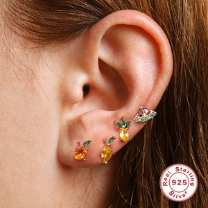 S925 sterling silver fruit stud earrings featuring orange, pear, pineapple and watermelon
