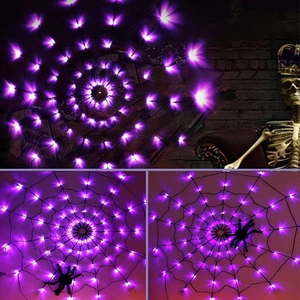 Purple Halloween spider web LED string lights with black spider decor for festive party