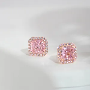 Square Halo Stud Earrings Zirconia Copper Jewelry With 925 Sterling Silver Earring Post Elegant For Women