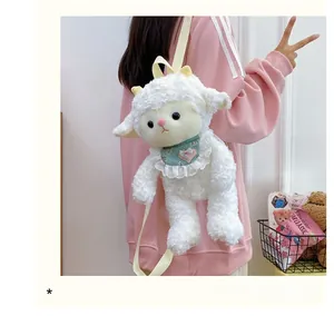 Detail of curly plush sheep backpack with floral bib and pink sweatshirt styling