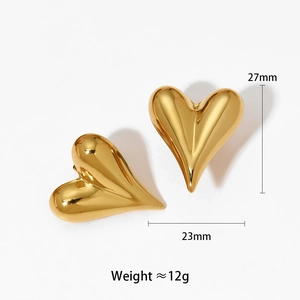 Detailed size view of golden 3D hollow heart earrings showing 27mm x 23mm dimensions