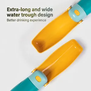 Portable pet water bottle with wide trough and crown button in blue and yellow design