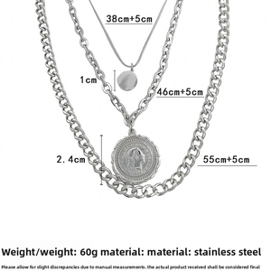 Three-layer stainless steel chain necklace with coin pendant and detailed size specifications