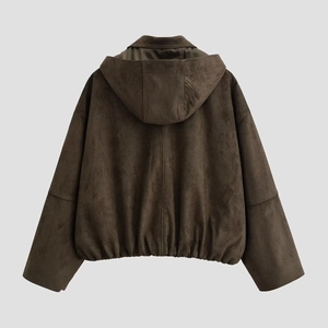 Women's dark brown faux suede bomber jacket with hood and elasticated hem back view