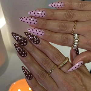 Almond Press On Nails Polka Dot Pattern Pink Brown Glossy ABS Plastic Fake Fingernails For Women Daily Wear