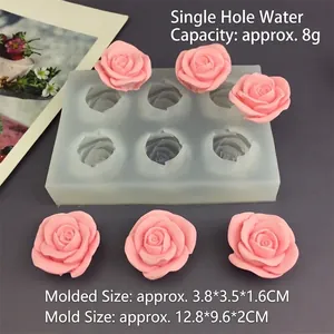 Detailed view of 6-hole rose silicone mold with size specs for baking and DIY crafts