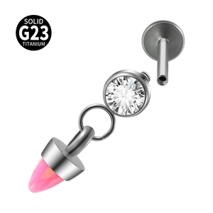 Stud de labret en titane G23 avec pendentif cône en opale rose et pierre claire