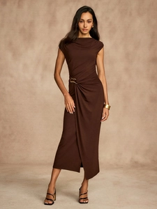Elegant Sleeveless Maxi Dress Polyester Ruched High Waist Side Split Slim Fit Solid Color Round Neck For Women