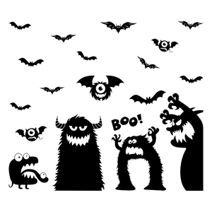 Halloween window stickers featuring black bats, monsters and 'BOO' text on white background