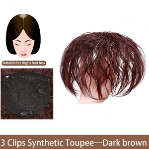 Detail view of synthetic hair topper in dark brown with 3 clips for lightweight coverage.