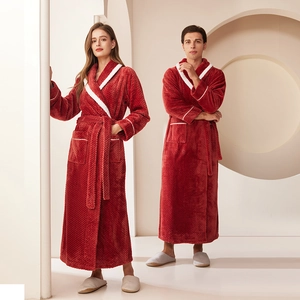 Thick brick red flannel couple bathrobe with pineapple grid texture and white piping