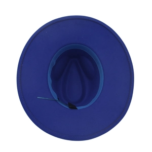 Detailed interior of a deep blue felt fedora hat featuring sweatband and fabric texture