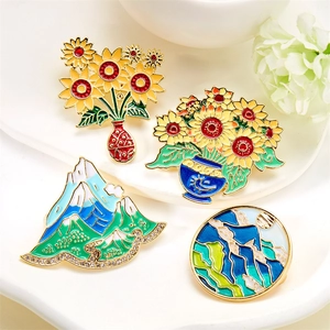 Vintage Chinese Style Alloy Enamel Brooch Sunflower Landscape Pattern Pin For Women Men Fashion Jewelry Accessory