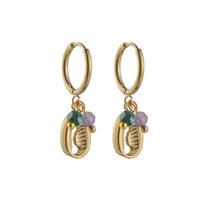 Detail of 14K gold plated hoop earrings with sea shell charms and colorful beads