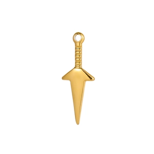 Detailed view of a golden stainless steel sword pendant with a polished metallic finish