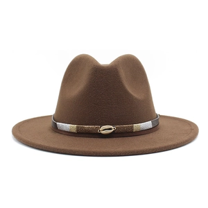 Close-up of brown wool felt fedora with a gold shell buckle and colorful silk thread detail