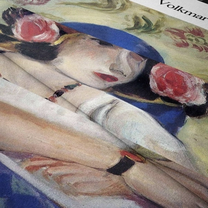Detail shot of vintage oil painting portrait tapestry with premium twill fabric texture