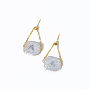 Elegant baroque freshwater pearl earrings with triangular zircon on gold chain hangers