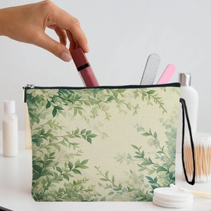 Borsa da trucco da donna con stampa a foglie, cerniera e cinturino da polso in uso