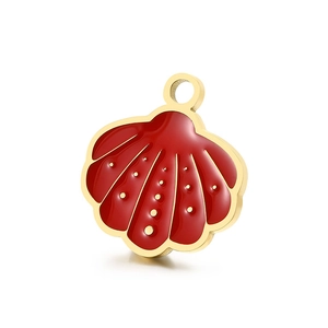 Golden seashell charm with red enamel and dots for ocean life necklace accessory