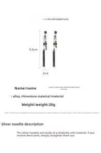 Detail view of rhinestone tassel earrings with 9.5cm length and silver needle studs