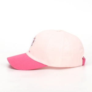 Kids pink color block baseball cap featuring embroidered cartoon unicorn and text