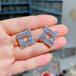 Geometric Square Stud Earrings Brass With Baguette Zircon Artificial Pearl And 925 Sterling Silver Earring Post Vintage Luxury