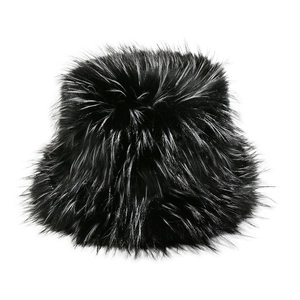 Detail shot of long faux fox fur texture on a thick black winter bucket hat