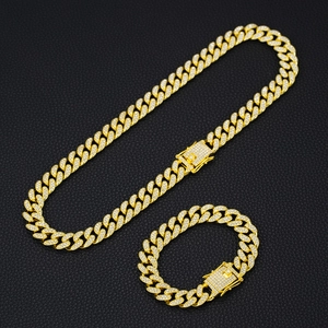Classic 13mm gold plated iced out cuban link necklace and bracelet set for men
