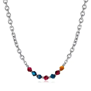 Women Stainless Steel O-Chain Necklace With Multicolor Faceted Cat Eye Stone Beads Geometric Clavicle Chain Fashion Jewelry