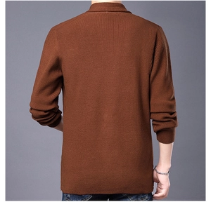 Rear view detail of men's brown knitted blazer cardigan showing texture and fit