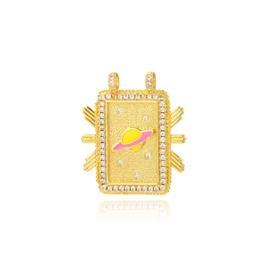 Detail of gold-plated rectangular Saturn pendant with pink enamel and zircon inlay